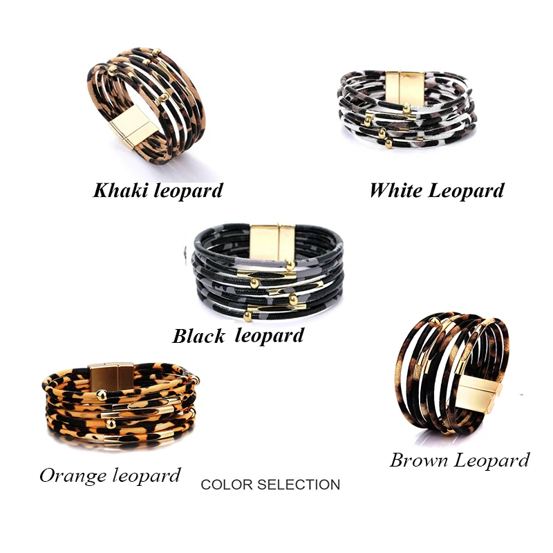 

2019 new leopard magnet buckle leather multi-layer wide bracelet wear bead leather rope bracelet copper tube bracelet for women