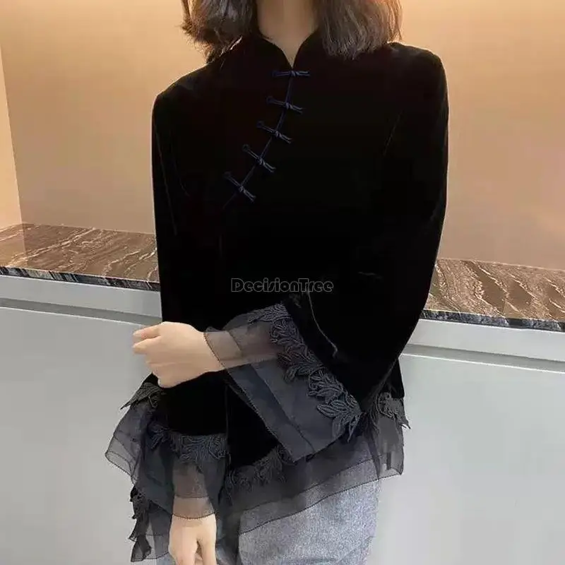 new chinese style traditional top black golden velvet improved cheongsam top lace design women graceful qipao collar blouse