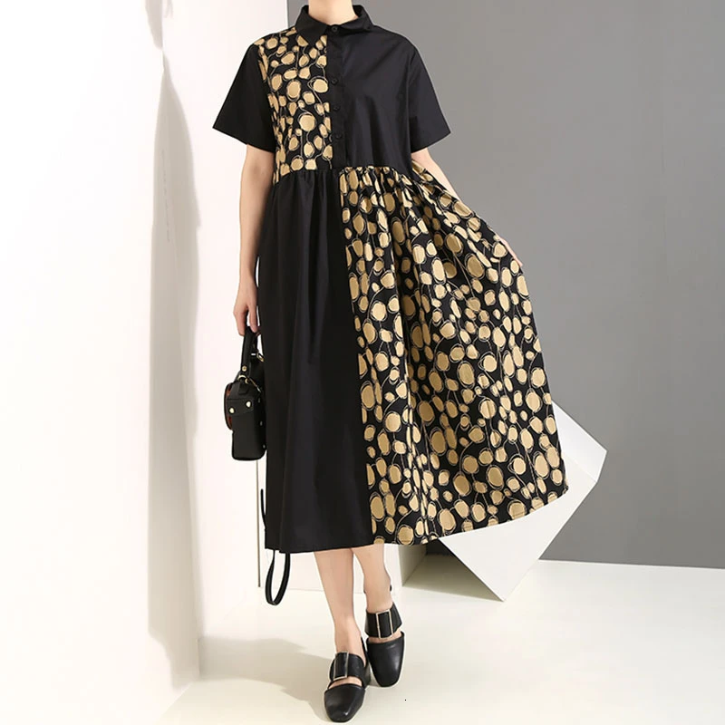 

2019 New Summer Print Casual Patchwork Dresses Loose Plus Size Thin Shirts Dresses Fashion Point Stitching Women Long Dresses
