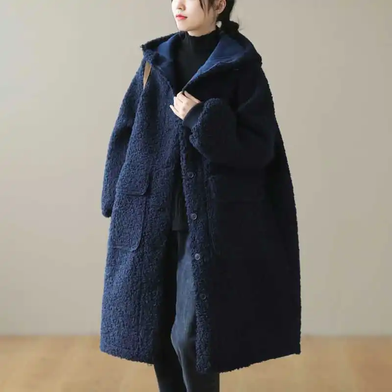 Women Casual Keep Warm Woolen Coat Loose Hood Fashion Warm Mid-length Thickened Long-sleeved Solid Jacket Winter Clothing New down coats Coats & Jackets