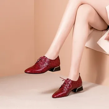 

MLJUESE 2020 women pumps Cow leather autumn spring wine red color round toe lace up high heels party dress size 34-42