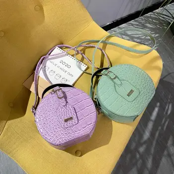 

Fashion Women Alligator Pattern Shoulder Bag Round Circle Purse Totes Lady PU Leather Small Zipper Solid Color Messenger Satchel
