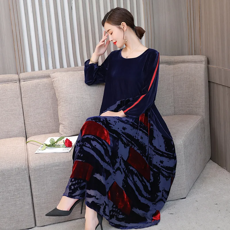 

2019 Autumn New Style Retro Loose-Fit Crew Neck Three-quarter-length Sleeve Splicing Dress Women's Versatile Big Hemline Crew Ne