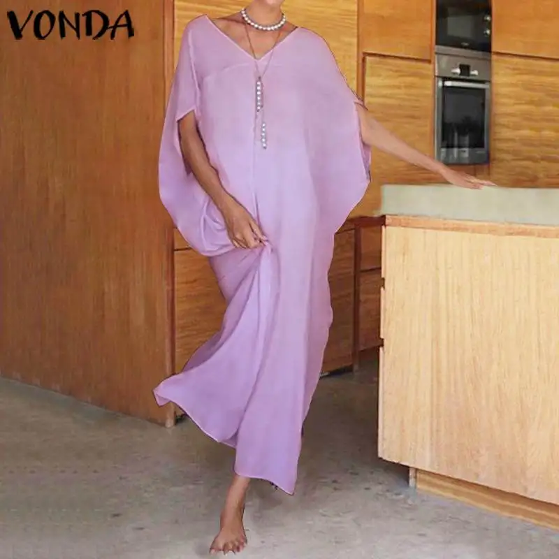 

Bohemian Dress VONDA Women Sexy V Neck Solid Color Batwing Maxi Long Vestidos 2019 Summer Casual Party Oversized Baggy Robe 5XL