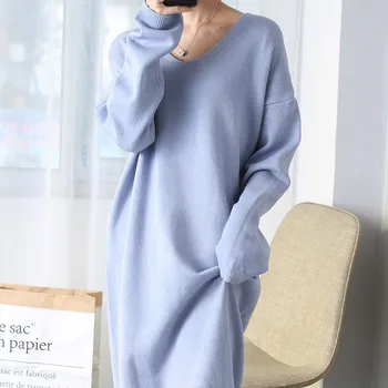 

Autumn and winter new V-neck cashmere dress in the long paragraph loose casual female base thickening lazy knit sweater women