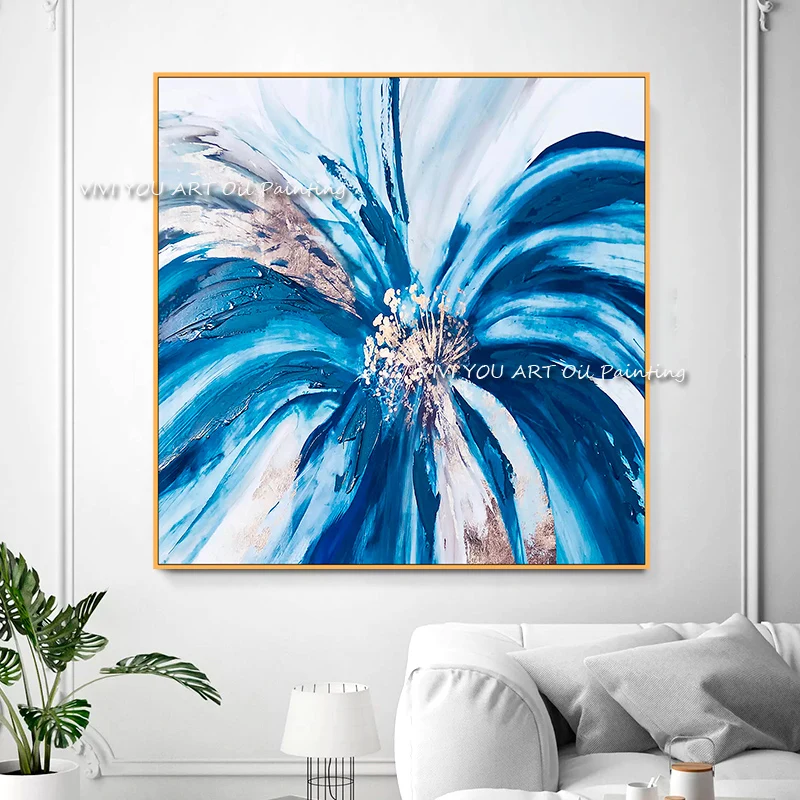 

100% Handmade Abstract High Quality Canvas Painting Posters on The Wall Beautiful Blue Flowers Wall Art Picture Home Decoration