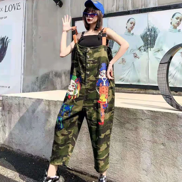 con tirantes holgados para mujer, con tirantes, pantalones con estampado de dibujos animados de camuflaje, moda grande, elegante - AliExpress