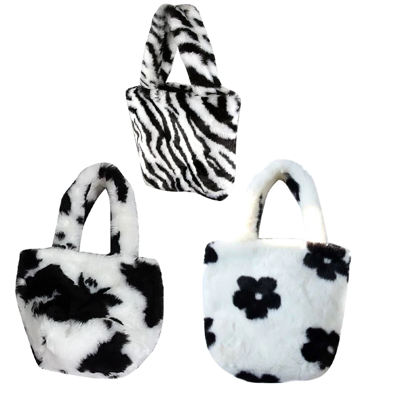 Fashion Plush Cartoon Women's Zebra Pattern Warm Handbag Christmas Gift Bag Luxury Shoulder Messenger |