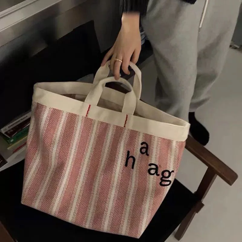 

Korean Style Literary Striped Canvas Large Capacity Handbag Picnic Lunch Shopping Tote Bag