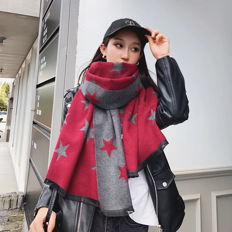 

2020 Winter Warm Five-pointed Star Pattern Cashmere Scarf Long Blanket Shawls And Wraps Bandana Pashmina Tassel Female Foulard