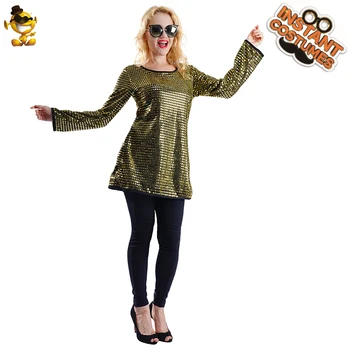 

Halloween RolePlay Adult Hip Hop Gold Sequins Tunic Carnival Funny Disco Women Fancy Dress Party Hippie 60's 70's Style Clothing