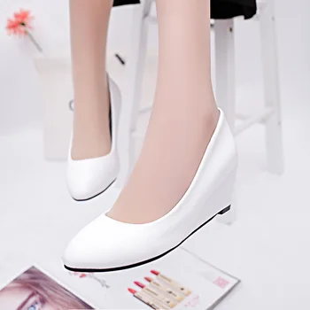 

Free shipping 2019 New middle heel shoes middle-aged women's shoes bow round head wedge single shoes women wedge shoes