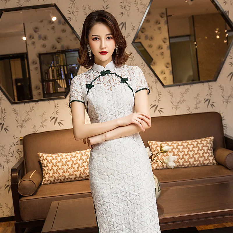 Зеленый короткий рукав Qipao женский китайский стиль китайский женский халат со стоячим воротником, с цветочным принтом винтажное кружевное платье с цветочным принтом сексуальное короткое Vestidos S-4XL