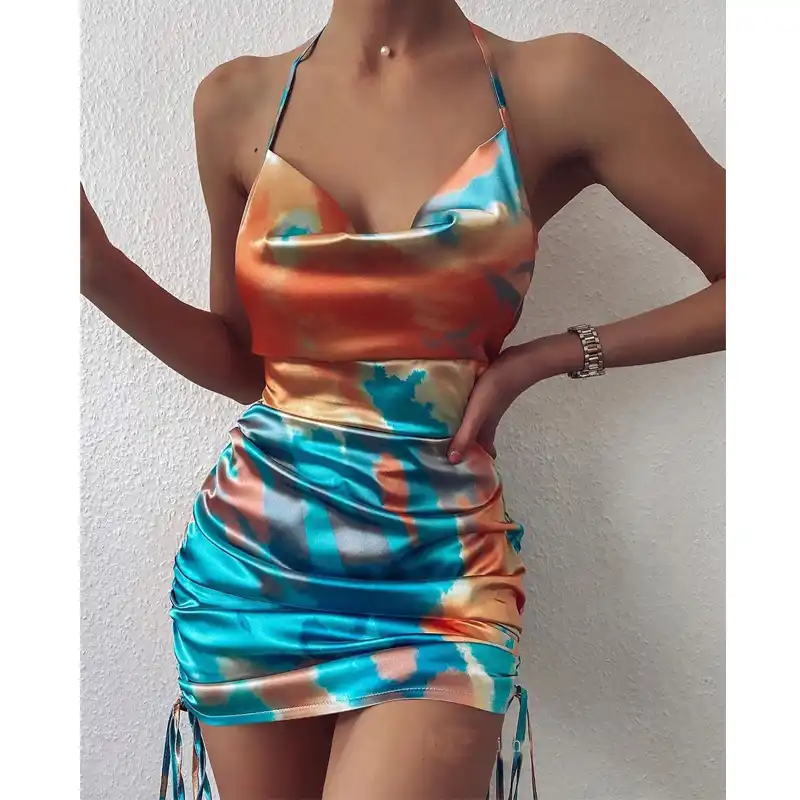 Women Sexy Dress Folded Drawstring 