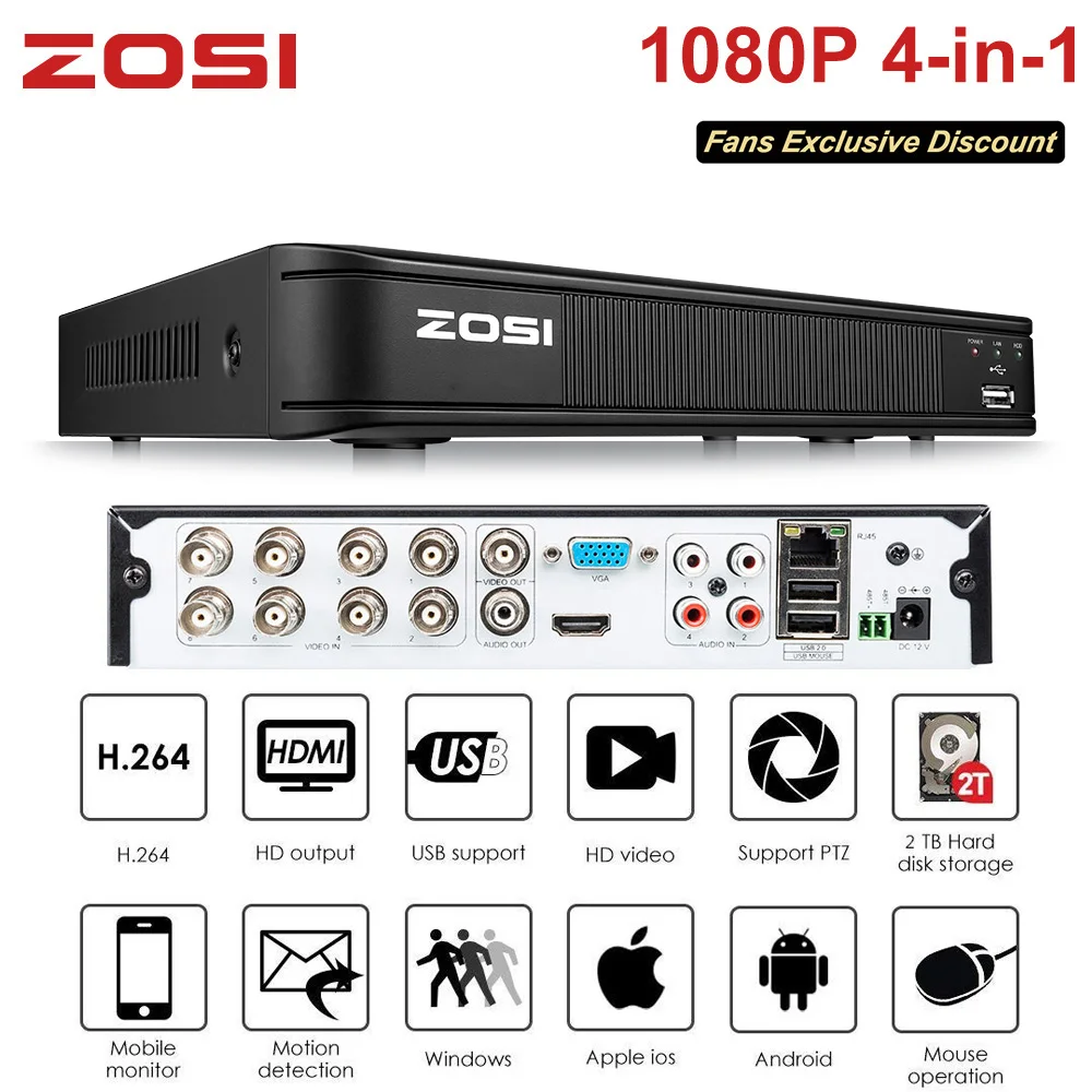 

ZOSI 1080P 8 Channel 4-in-1 DVR 8CH AHD CVI TVI CVBS 1920*1080 2MP CCTV Video Recorder Hybrid DVR Security System With 2TB HDD