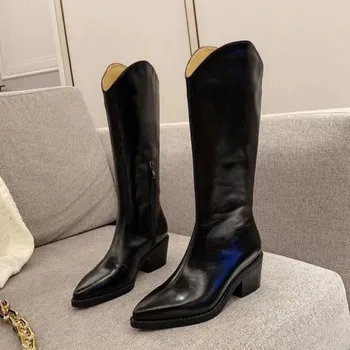 

2020 Genuine Leather Beige High Heels Wedges Long Boots Lady Riding Cowboy Boots Autumn Designer Pointed Toe Knee-High Boots
