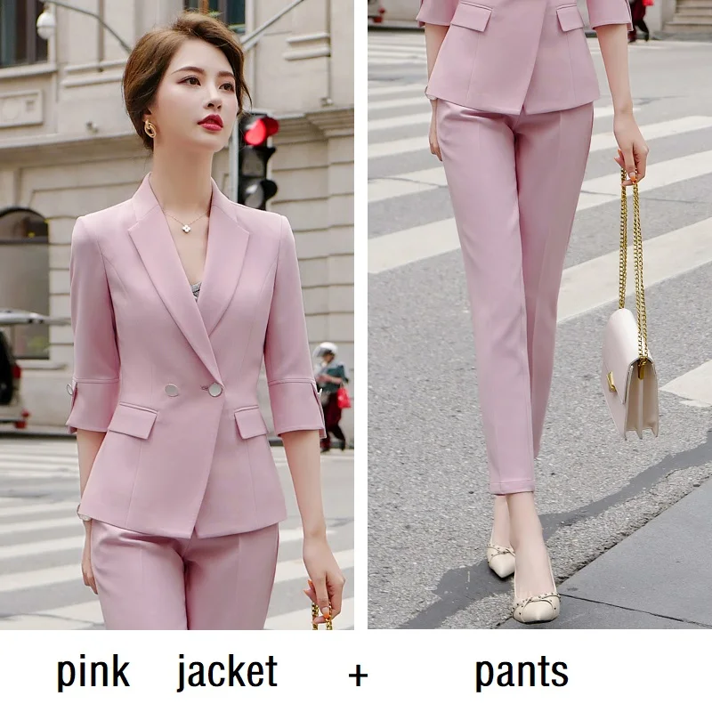 pink jacket pants Женские костюмы, тонкие летние блейзеры с коротким рукавом, пиджак и брюки, комплект из 2 предметов, OL Официальные Женские Брючные костюмы, женские комплекты, костюмы 969 - Цвет: pink jacket pants