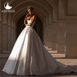 Aedmgh A-Line Matte Satin Wedding Dresses 2021 Strapless Sleeveless Robe De Mariee Beaded Sashes Simple Beach Vestido De Novia
