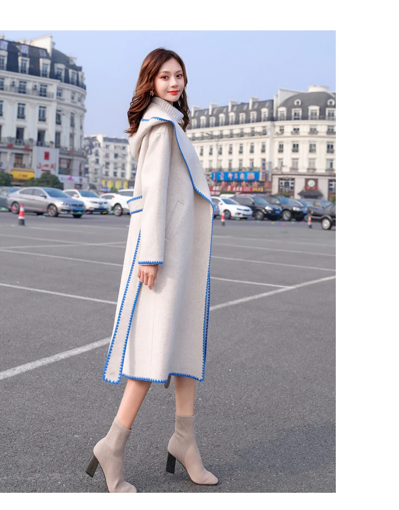 Woolen coat female long section autumn and winter hooded band width pine new foreign gas Korean version of the knee