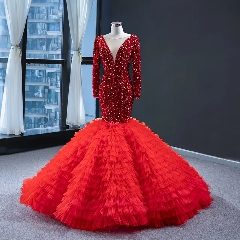 Sexy Luxury Mermaid Long Sleeve Crystal Rhinestones Evening Dress Evening Party Dresses Formal Gown Robe de Soiree MS01 - Цвет: Red