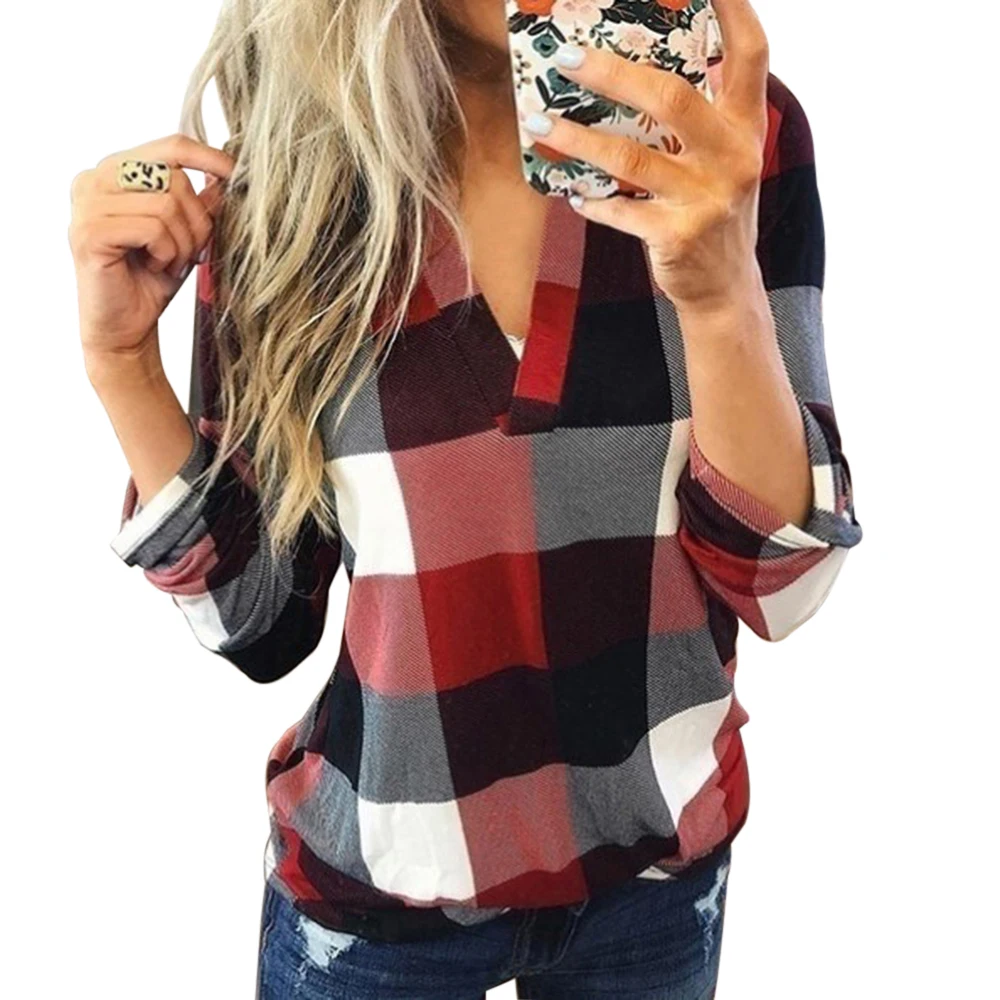 Puimentiua Fashion Brand Ladies Plaid Shirt Winter Warm Roll Up Blouse Femme V Neck Loose Blusa Lattice Print Style Tops