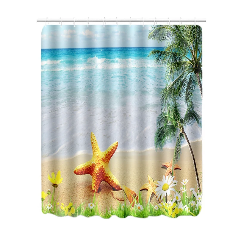 4Pc Ocean Series Bathroom Rug Shower Curtain Skidproof Toilet Non-Slip Rug Set 6x Hooks