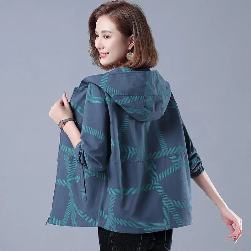 Fashion Lining Jacket Female Middle Aged Elderly Women's  Spring Autumn Korean Loose Print Coat Hooded Mother Tops 541