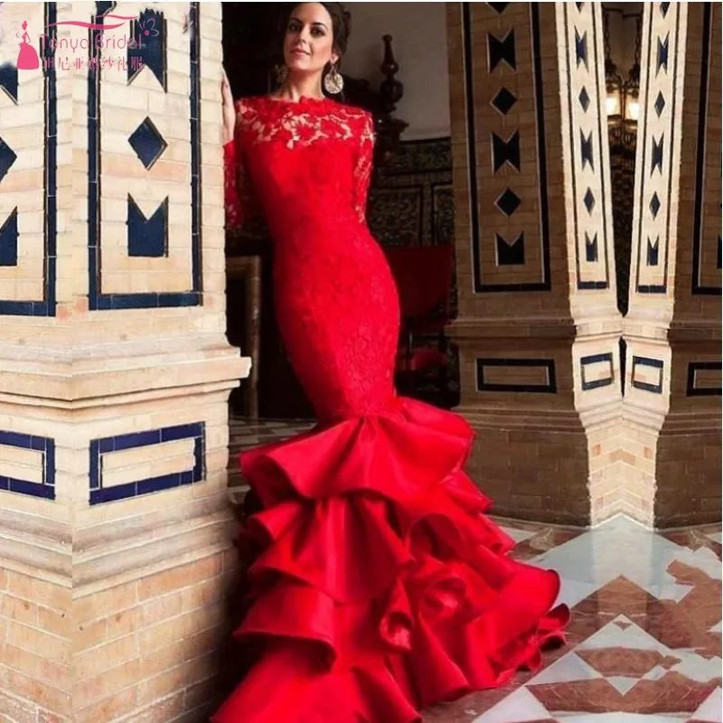 TANYA BRIDAL потрясающие красные с круглым вырезом новые платья для выпускного вечера с русалочкой модное сексуальное кружевное вечернее платье с открытой спиной с длинными рукавами JQ478