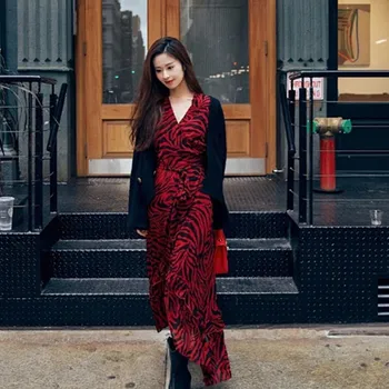 

Women's V-neck Zebra Pattern Print Midi Dress Asymmetric Three Quarter Sleeve Ruffles Lace-up Wrap Dress for Holiday 2020 New
