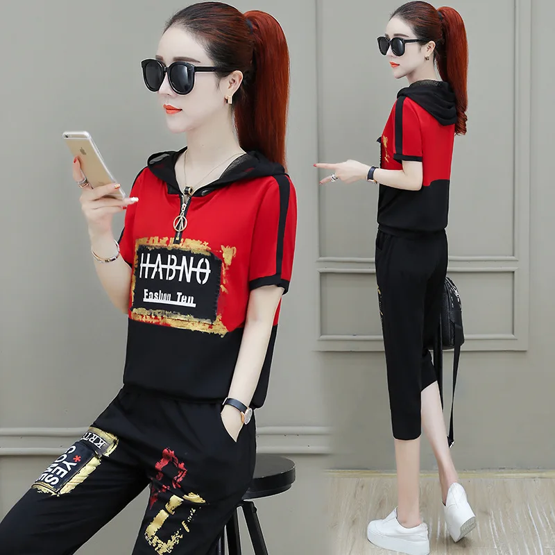 

Summer 2019 New Style Fashion Fashion Printed Casual WOMEN'S Suit Hooded Short Sleeve Hoodie Trousers Large Size Sports Clothing