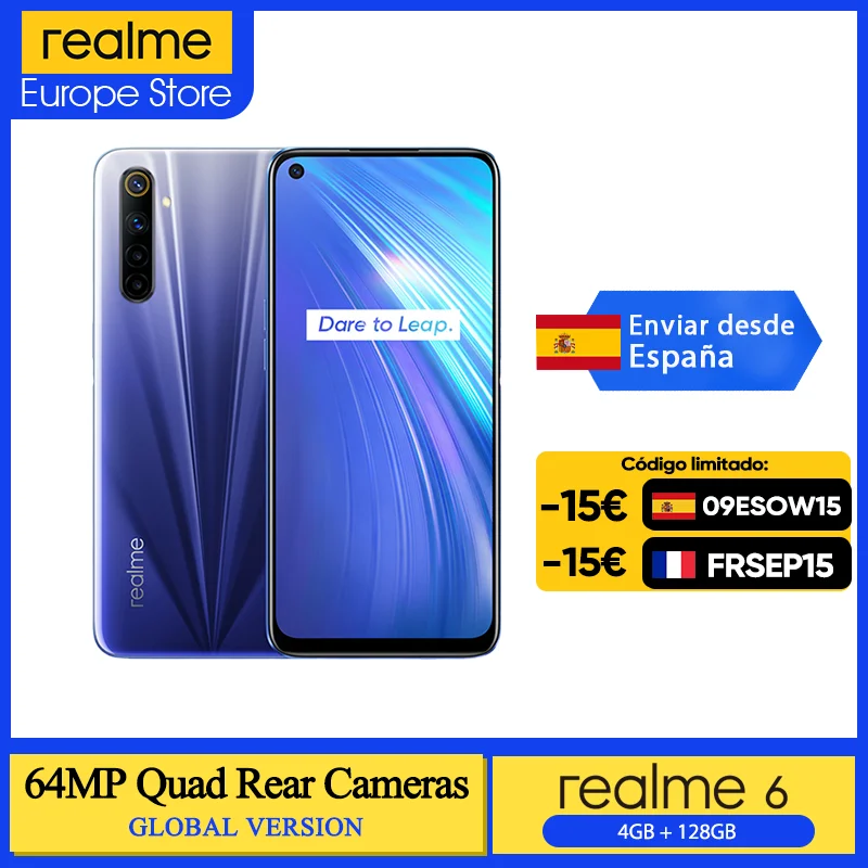 Смартфон глобальная версия Realme 6 4 Гб ОЗУ 128 ПЗУ экран 5 дюйма 90 Гц четыре камеры 64