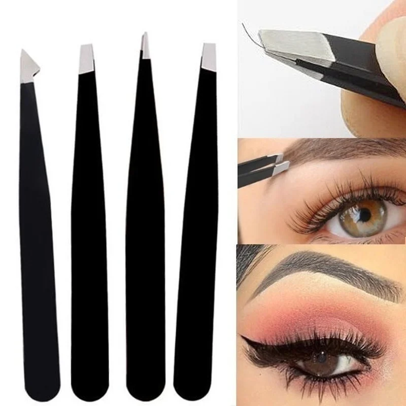 4Pcs Stainless Steel Eyebrow Tweezers Set for Facial / Ingrown Hair Splint Hair Removal Eyebrow Plucker with Travel Case Tools