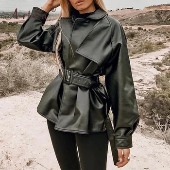 

ArtSu 2019 Fashion Winter Jacket Women Black Faux Leather Coats Long Sleeve Tie Belt Waist PU Jackets Manteau Femme Streetwear