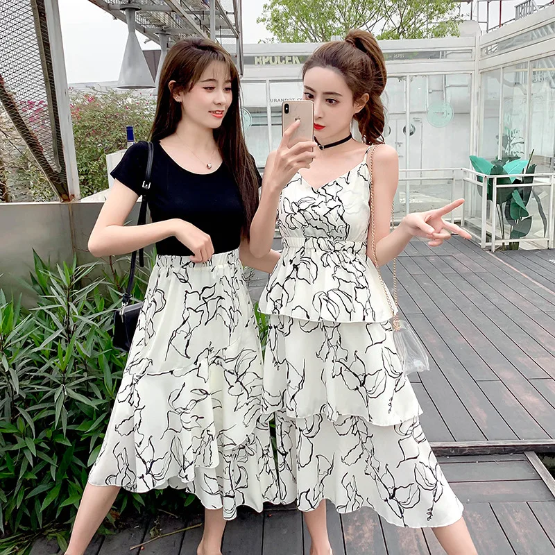 

2019 New Style Korean-style Mid-length Printed Best Friend-Camisole Chiffon Dress Women's Cake Dress-