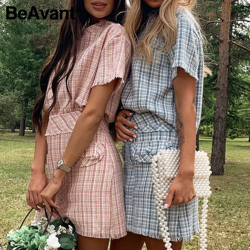 BeAvant, классическое короткое платье в клетку, для девушек, с коротким рукавом, с кисточками, весна-лето, мини платья для женщин, винтажное, офисное, элегантное платье