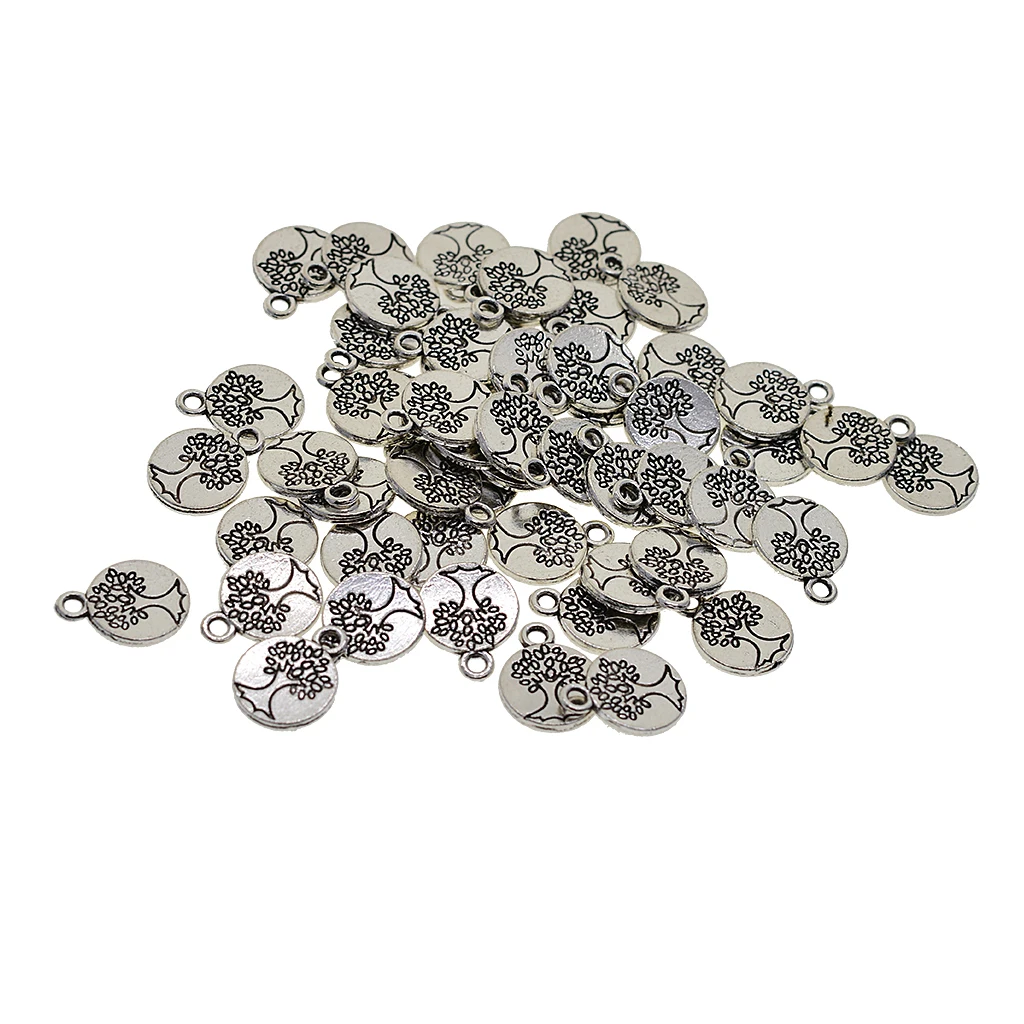 Wholesale 50pcs Tibetan silver color Plated Engraved Tree of life Charms Pendants for Jewelry Making DIY Handmade Craft Accessory 15mm