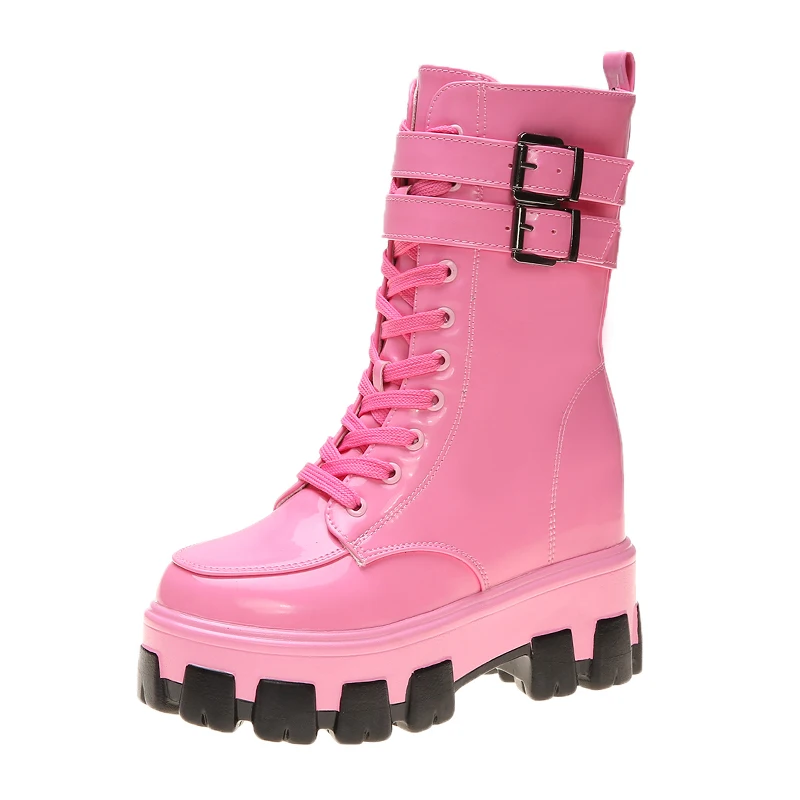 

2020 Boots Women Patent Leather Platform Chunky Sneakers Autumn 10CM Wedge Heels Mid-Calf Boots Woman Winter Motorcycle Boots