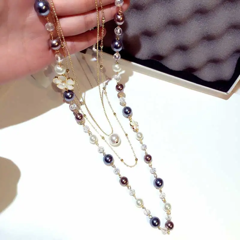 Camellia Pearl Jewelry Multi-Layer Long Necklace Women Bijoux Fashion Classic Beads Chain Necklaces
