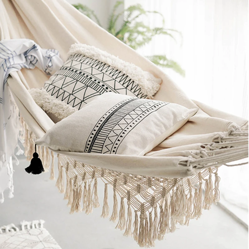 2 Person Hammock Boho Large Brazilian Macrame Fringe Double Deluxe Hammock Swing Net Chair for Out/Indoor Patio Porch Decor
