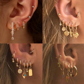 

Mix Design Boho Gold Color Ear Hoops Simple Punk Circle Cross Heart Pendant Earrings for Women Alloy Trendy Hiphop Rock Jewelry