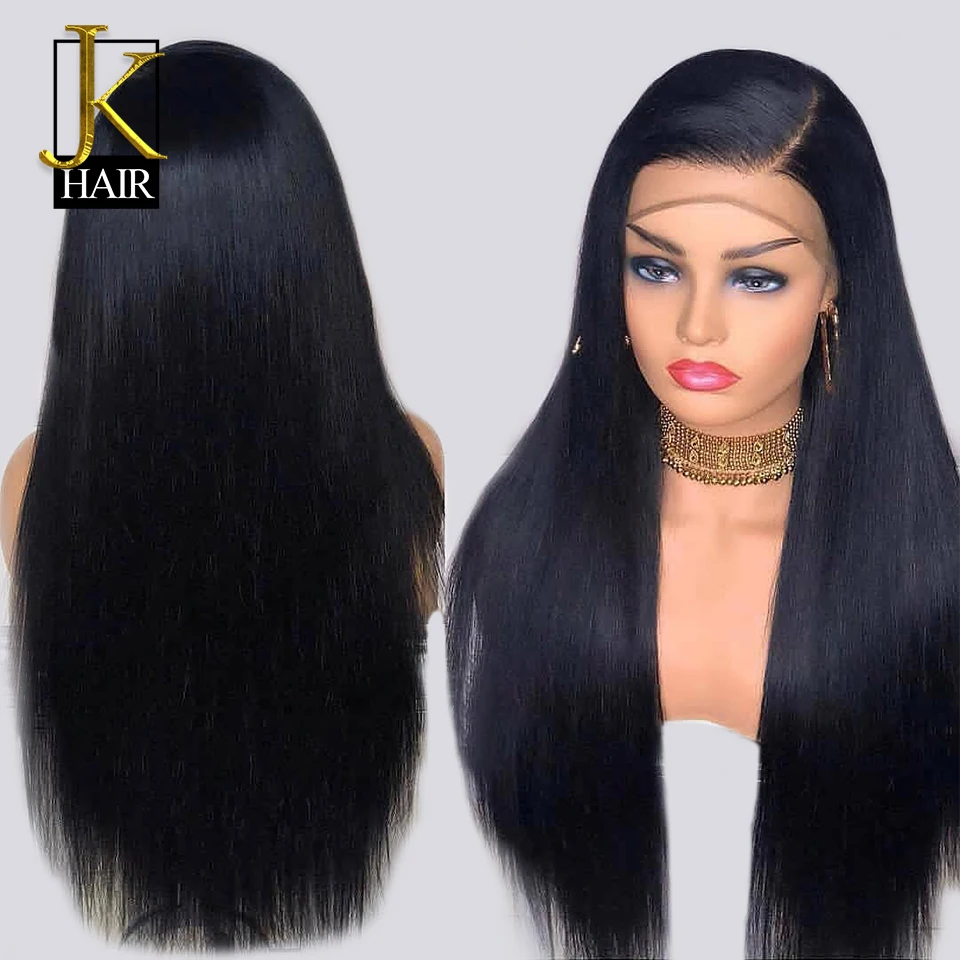 250 плотность человеческие волосы на кружеве, парики Remy, бразильские прямые кружевные парики, натуральный черный для женщин, отбеленные узлы с детскими волосами JK
