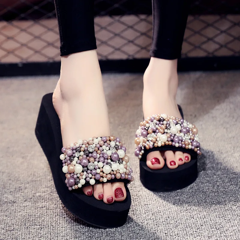 

Korean-style Slanted Heel Single-strap Slipper Women's Summer New Style Fashion Outer Wear Sweet Sandals Anti-slip Thick Bottome