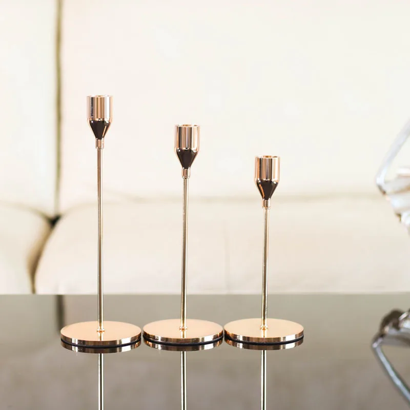 

Simple Gold Metal Plated Taper Candle Holders Set of 3 Wedding Dinning Creative Romantic Table Wrought Iron Candlestick