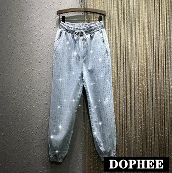

Full Diamond Rhinestone Elastic Waist Jeans Woman 2020 Spring New Personality European Loose Denim Jean Pants Trousers