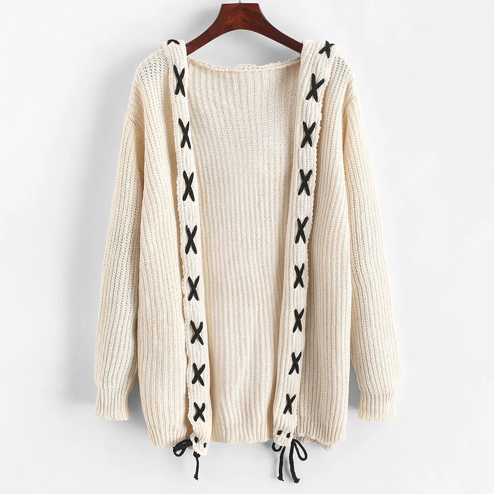 ZAFUL, кардиган с капюшоном, на шнуровке, с открытым передом, с длинными рукавами, женские свитера, милый Повседневный стиль, осенние свитера, Повседневная Уличная одежда