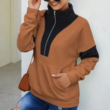 Women's New Autumn/Winter Long Sleeve Collision-Color Patchwork High Collar Sweatshirt Zipper Warm Tops With A Big Pocket Women's New Autumn/Winter Long Sleeve Collision-Color Patchwork High Collar Sweatshirt Zipper Warm Tops With A Big Pocket