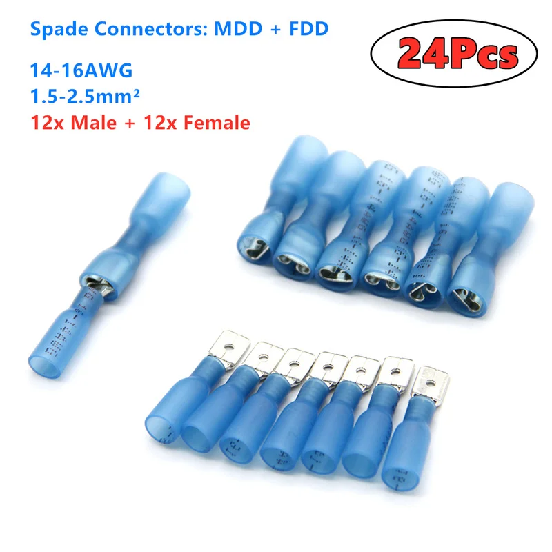 

24PCS Assortment Waterproof Blue Shrink Crimp Spade Terminals Heat Wire Connectors 14-16 Gauge AWG Kit