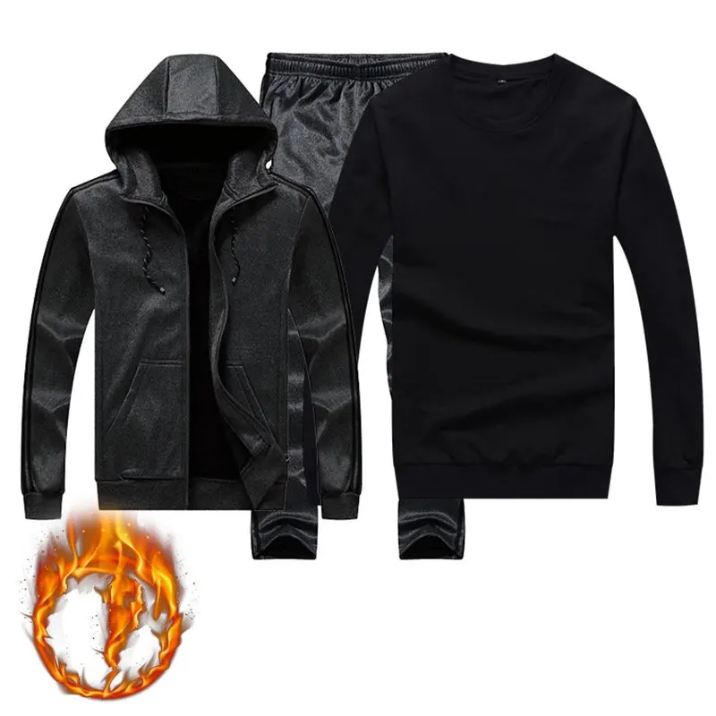 

Winter Thick Fleece Warm Men Sport Suit Tracksuits Zip Hoodie Jacket+sweatshirt+pant Casual Jogger Running Outfit Set Sportswear