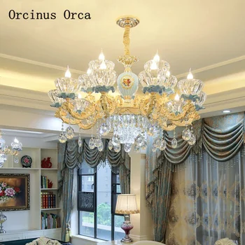 

European luxury romantic Blue Crystal Chandelier living room dining room bedroom French alloy ceramic color painted crystal lamp
