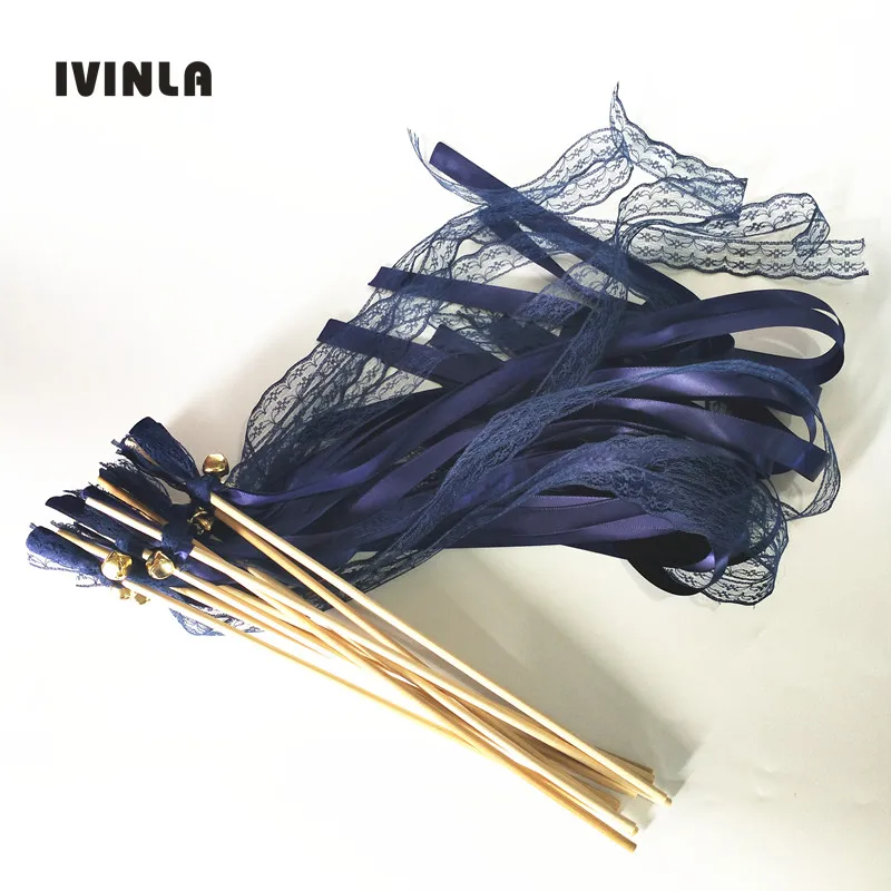 Newest 50pcs/lot navy Lace Wedding Ribbon Wands and big Bells for wedding decoration